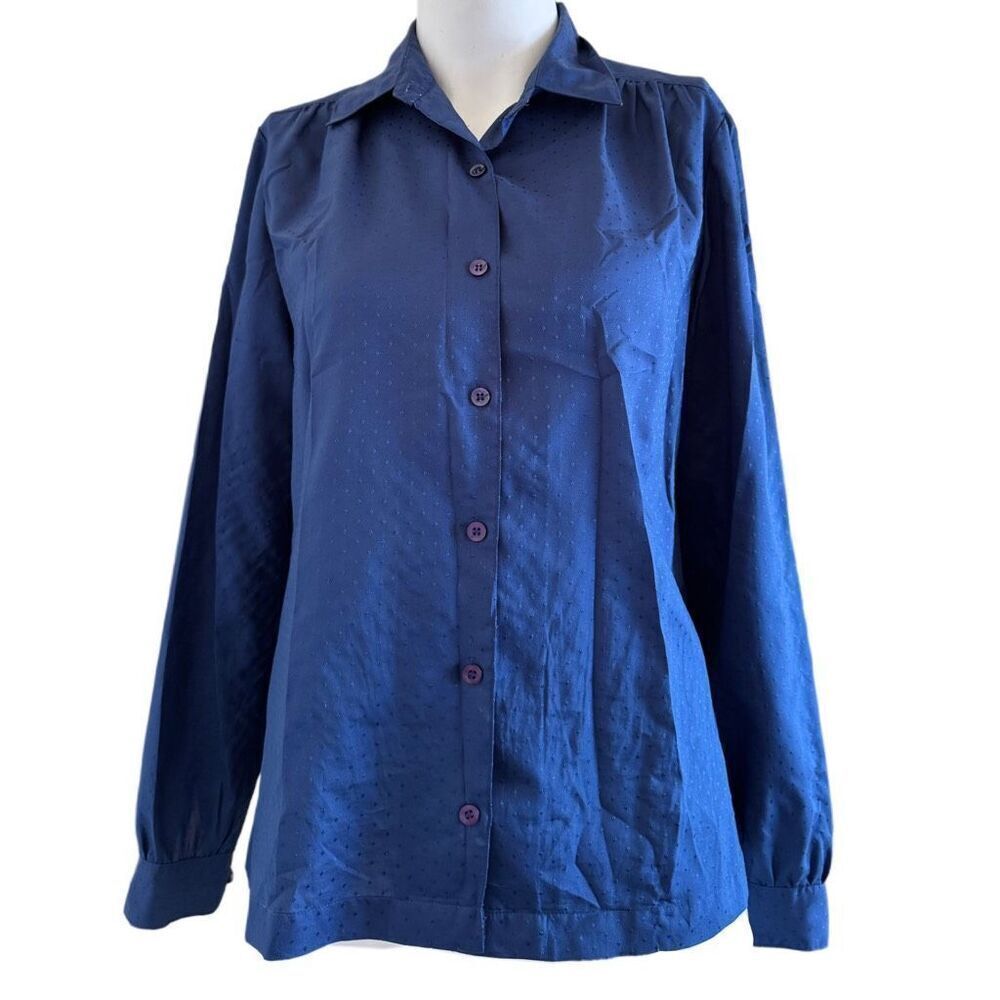 Pykettes vintage women’s navy blue 70’s button up blouse Swiss mini polka dot